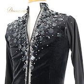 社交ダンス 衣装 ハセベ Hasebe シャツ ブラウス ベロア 装飾 ダンス パーティ ラテン 発表会 黒 おしゃれ 高級感 ジャズ ブラック系 ストレッチ ステージ エレガント メンズ コスチューム フォーマル