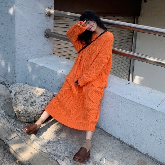 美品✨️Dw2R ローゲージニットワンピース 長袖 ケーブル編み ダークグレー