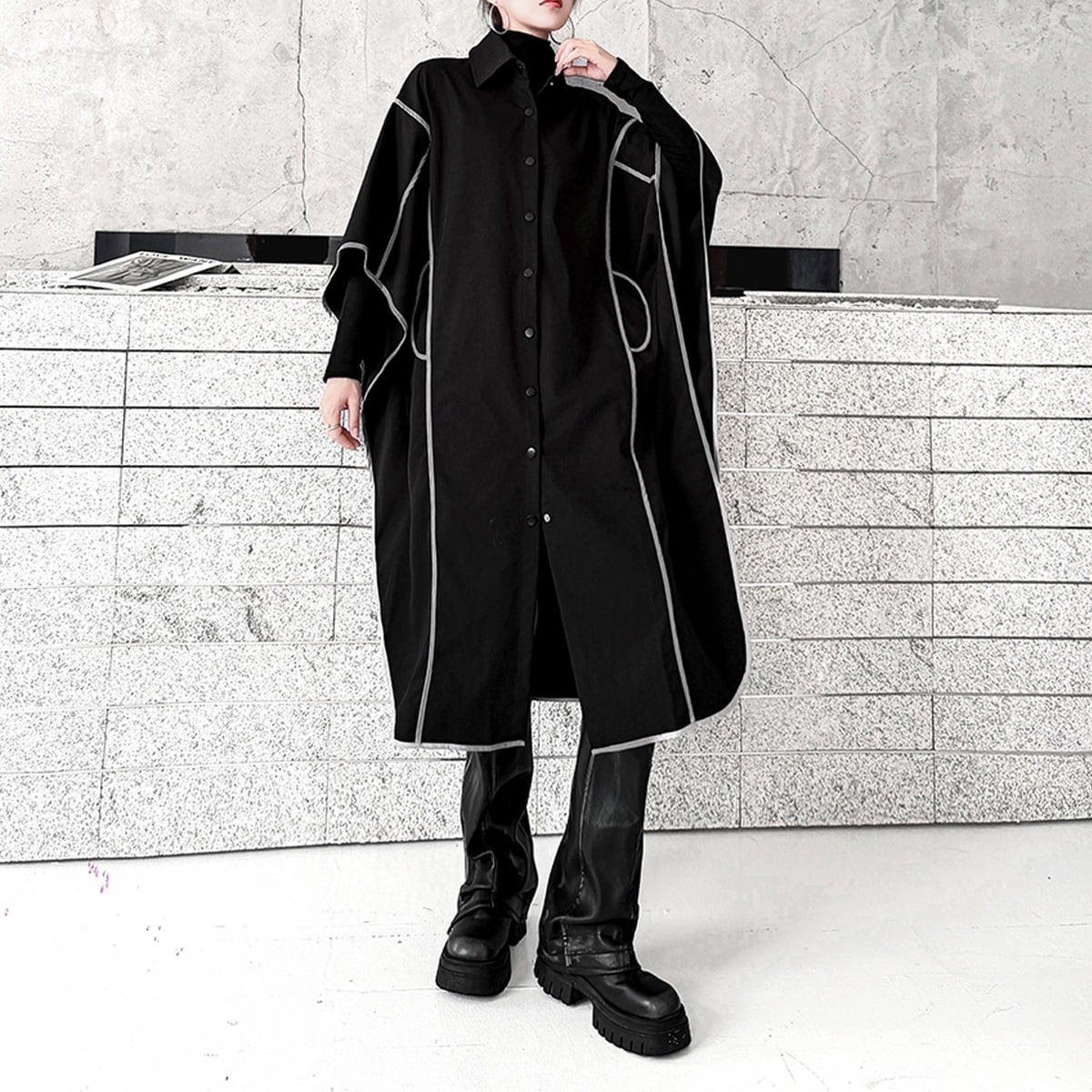 配色ステッチ シャツカラー ケープ風 ロングコート 1color CO0205