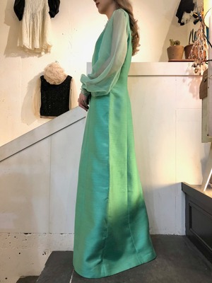 70's mint green organdy sleeve long dress beads embroidered