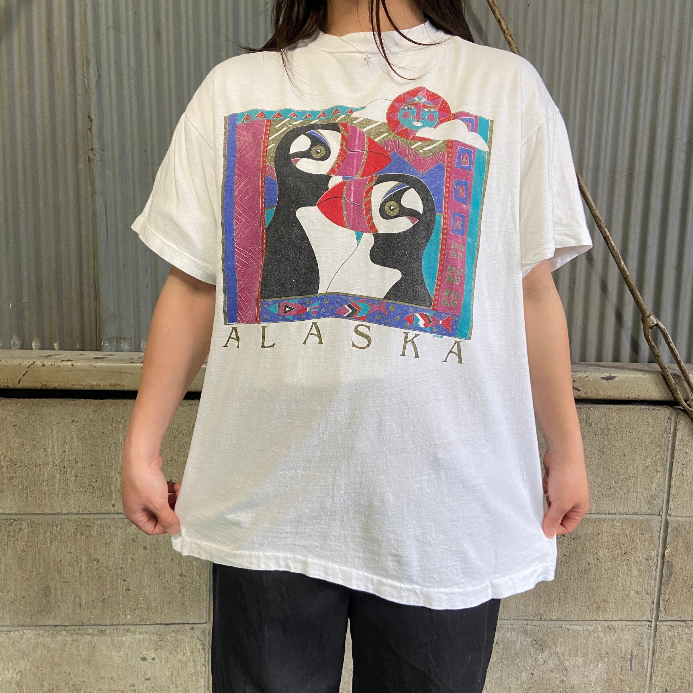 90年代 ALASKA ツノメドリ 鳥 IAAC アート プリントTシャツ メンズL