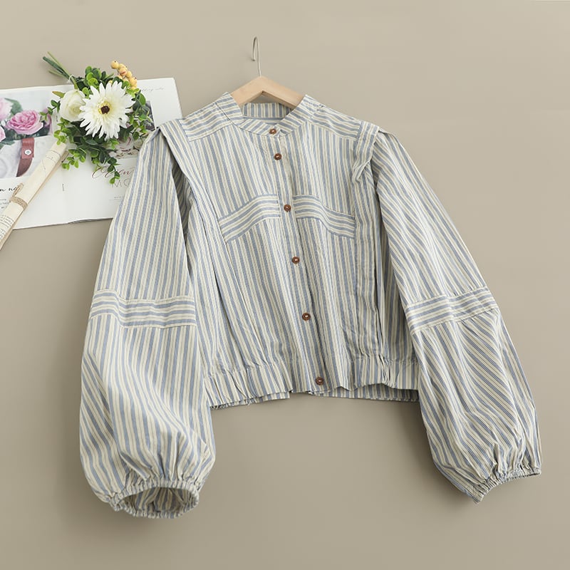 ストライプ柄バルーンスリーブシャツ M1355