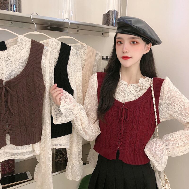 ニットスプリングレッドスタイルノースリーブ 春物 試着室82803176159