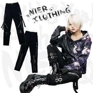 【NieR】 ⾼品質BONDAGE BELT×ZIPPER STYLISH PANTS【UPSIDE LOGO】JZ1176  ニーア ボトムス ストリート サブカル 地雷系  ユニセックス
