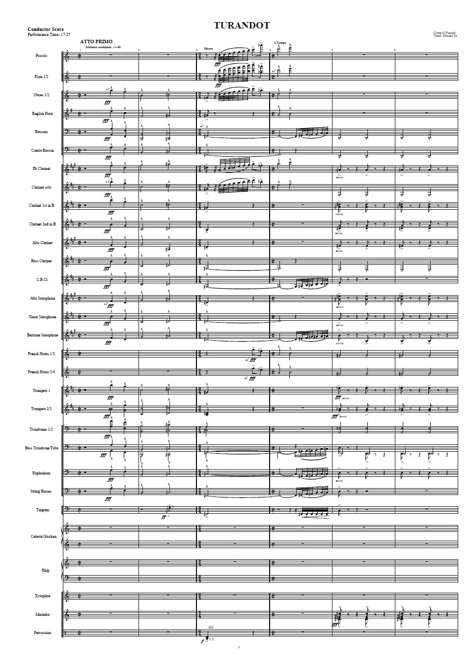 歌劇「トゥーランドット」よりハイライト　吹奏楽譜　吹奏楽アンサンブル楽譜のアトリエ・アニマート
