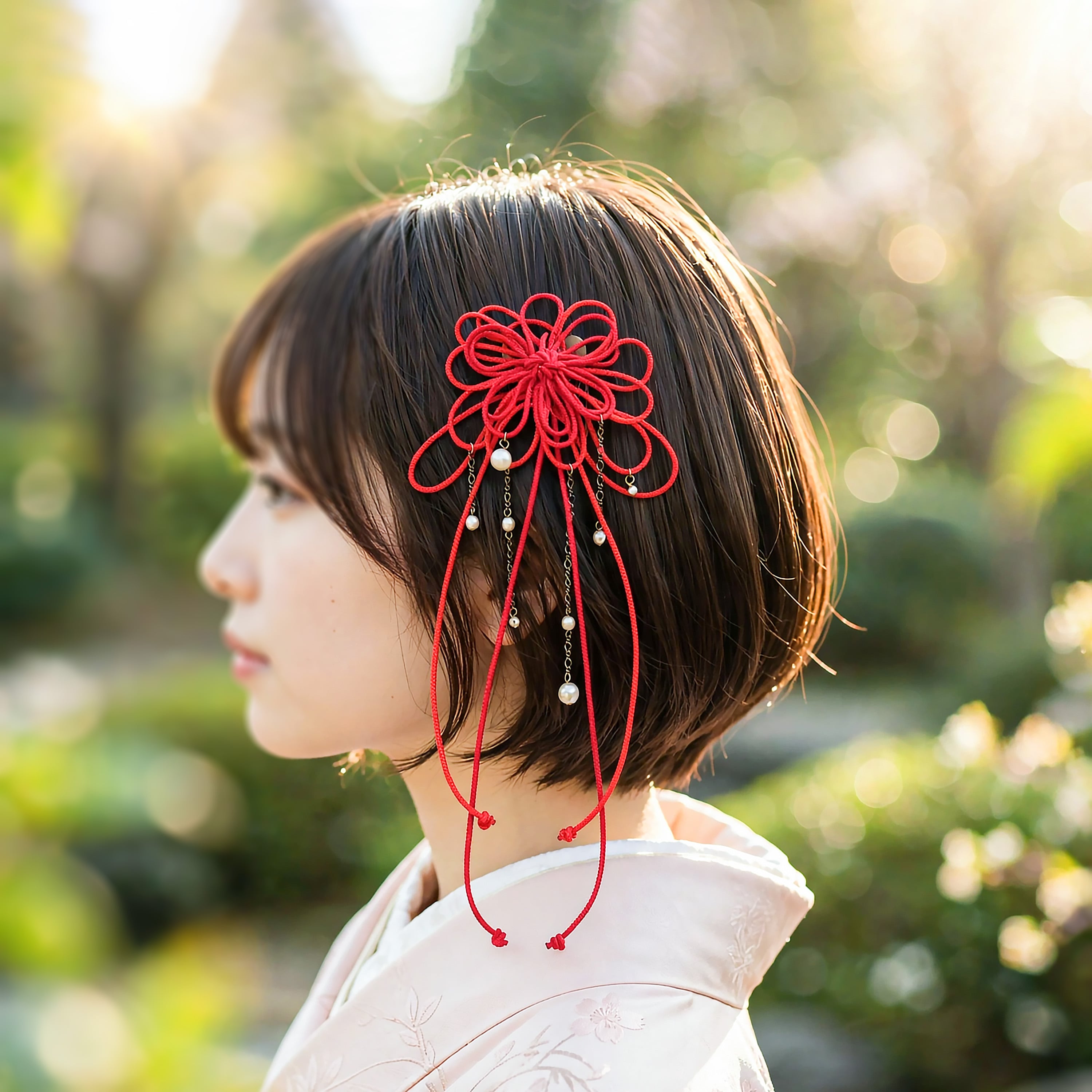 飾り結びヘアコーム(小)「烈、其レハ」(赤×朱)【軽量で簡単和装ヘア】浴衣・着物・七五三や成人式に。