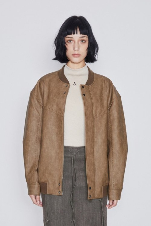 [AFTERHOURS] LEATHER OVERSIZED BOMBER JACKET (BEIGE)