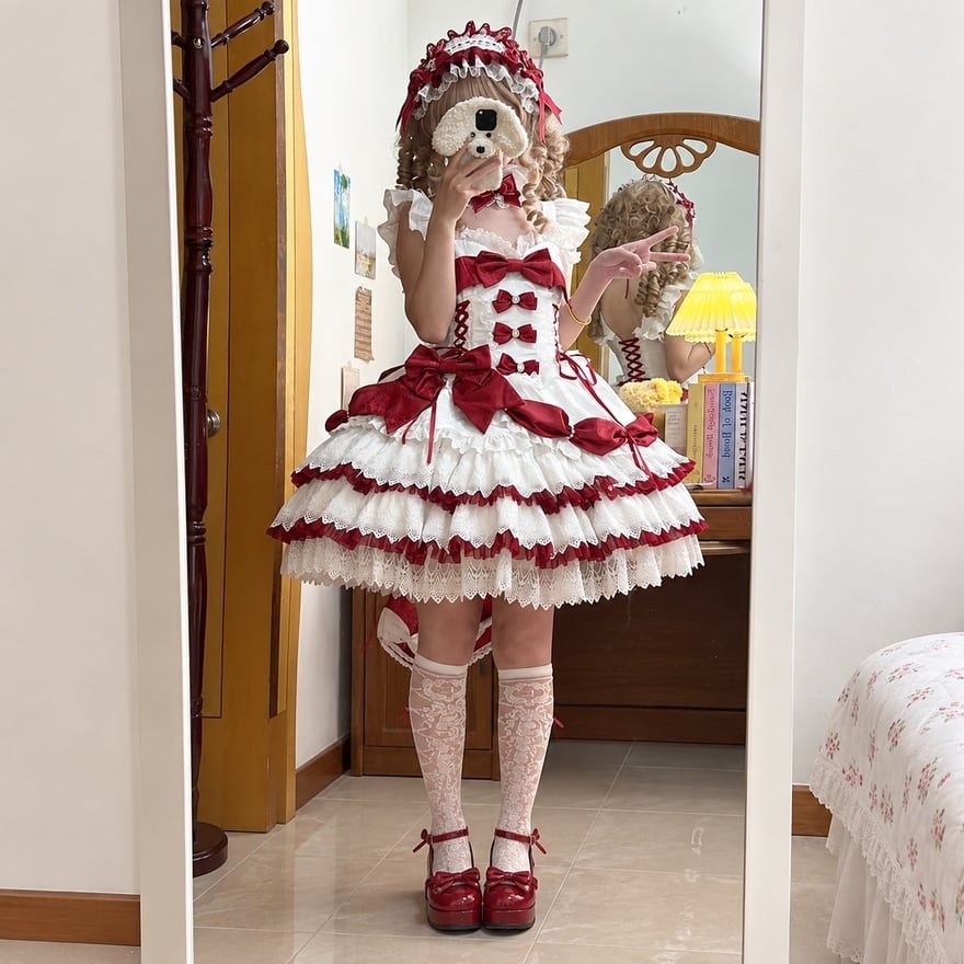 ゴスロリ・ロリータドレス 甘ロリ クラシカル JSKチェック 多段フリル リボン ロリータファッション 甘ロリ 青・赤・桃 リボン多段フリルJSK3点