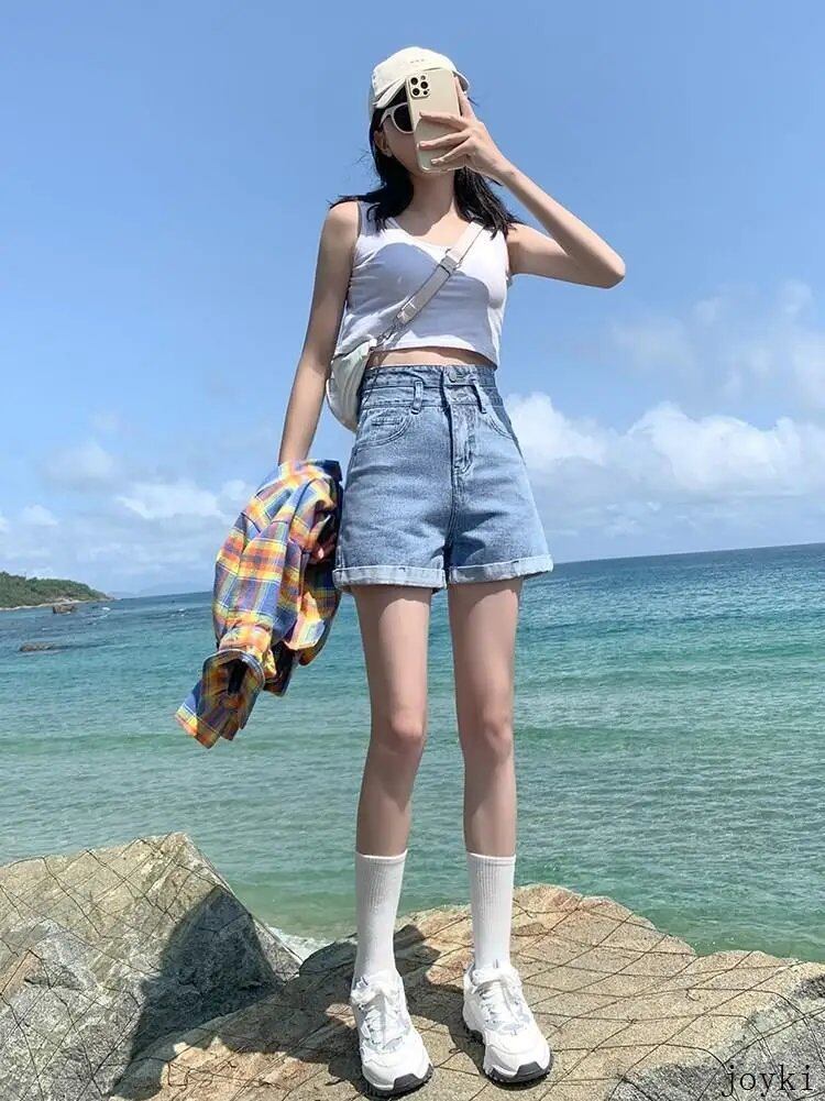 ハイウエスト ワイドウエストバンド デニムショーツ レディース スリムフィット 夏 ファッショナブル 多用途 大きいサイズ コットン ストレッチ ジーンズ