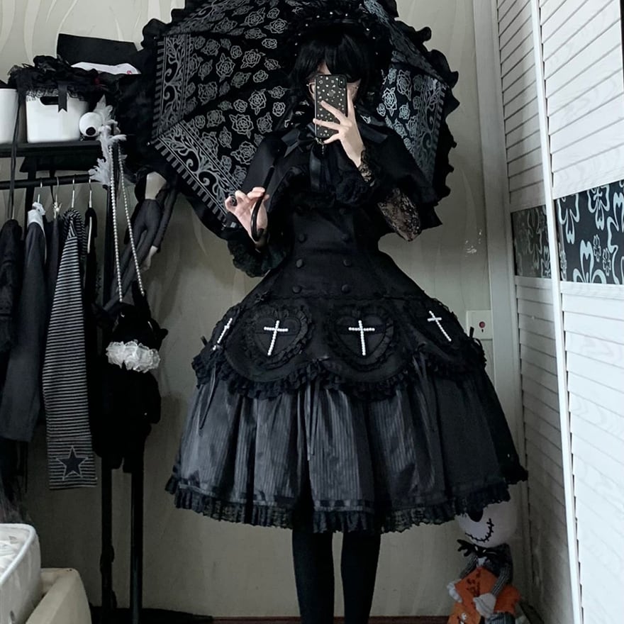 ゴスロリ ワンピース ロング丈 暗黒ロリィタ 闇かわいい 神秘的