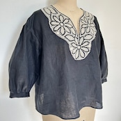 ブラジリアン 手編み ニードルレース リネン七分袖ブラウス 黒