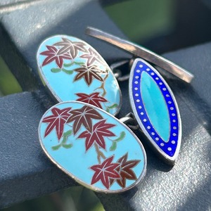 ヴィンテージ　輸出用七宝カフスボタン　スカイブルーに紅葉
