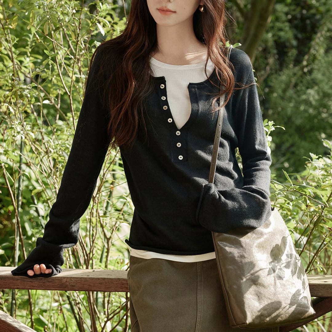 henley neck long sleeve knit