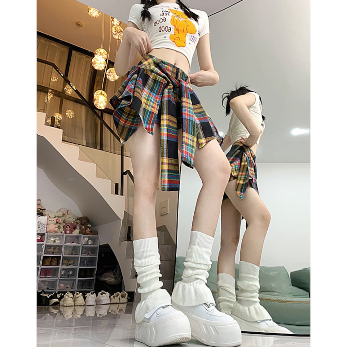 チェック柄 ショートパンツ ミニスカート イレギュラーヘム 