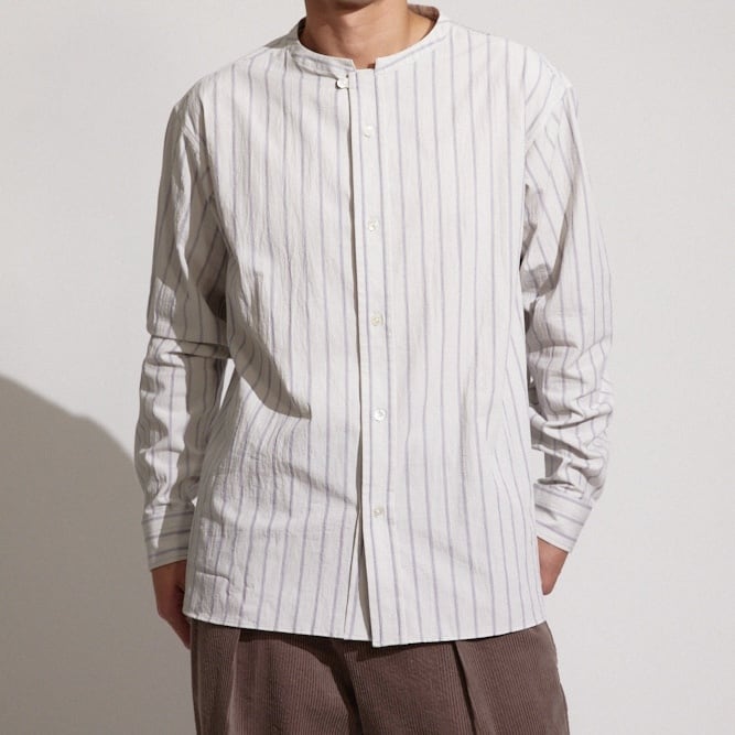WASHER STRIPE BAND COLLAR SHIRT / ワッシャーストライプバンドカラー