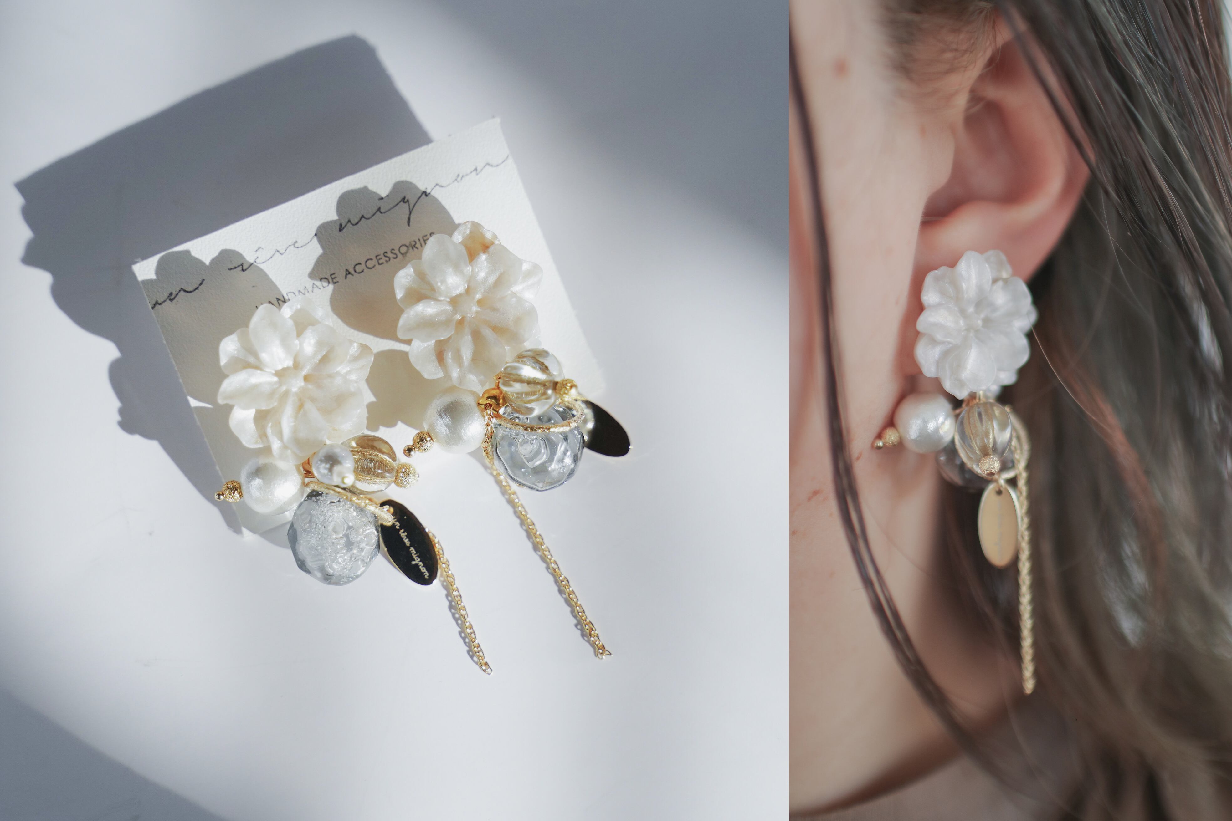 【355】ガラスドームとお花のイヤリング／ピアス 355】ガラスドームとお花のイヤリング／ピアス