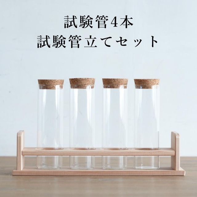 【テラリウム・スパイス・ドライフラワーに】試験管４本・木製試験管立てセット