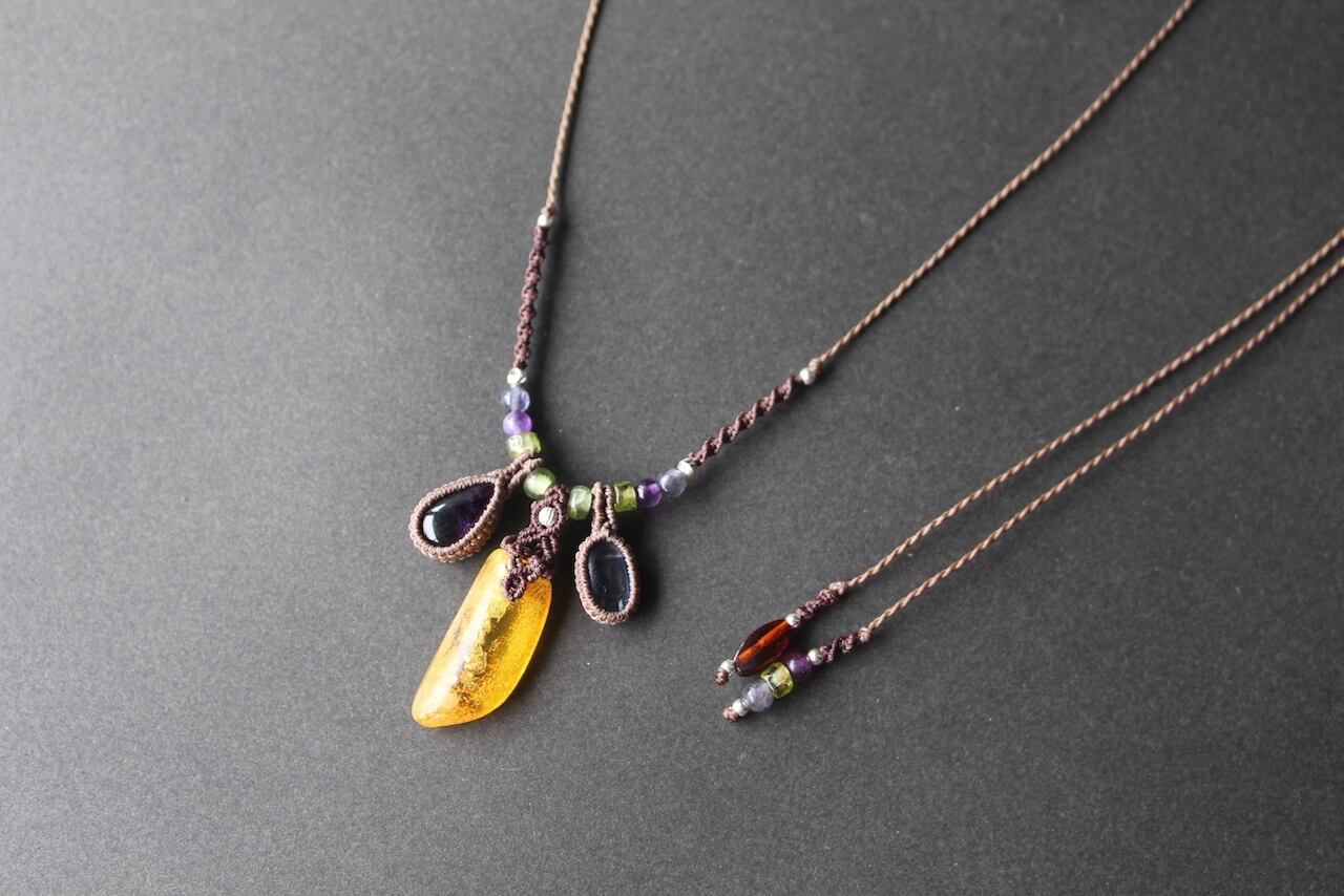 Amber & Trapiche amethyst & kyanite micro macrame necklace