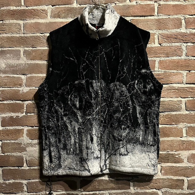 【Caka act3】Monotone Coloring Wolf Design Loose Fleece Vest