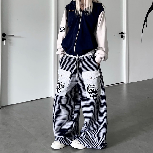 ミュージックグラフィックボーダーワイドシルエットパンツ 1col R02817
