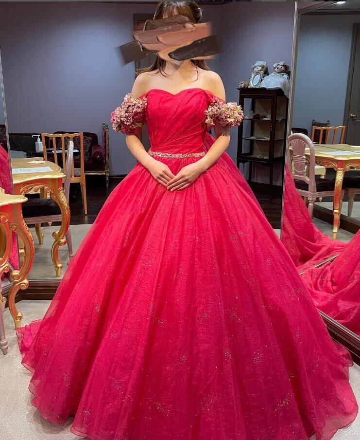 カラードレス キラキラチュール ローズピンク オフショルダー 目立つ  