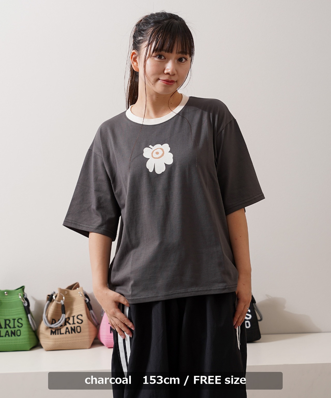 ◆リンガーネック フラワーTシャツ◆kr-26103