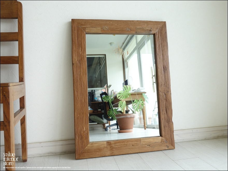 古材 鏡 オールドチークフレームミラー壁掛80F レトロ 天然木 ハンドメイド 手作り 総無垢 壁掛け 銘木 送料無料 幅60cm x 縦80cm