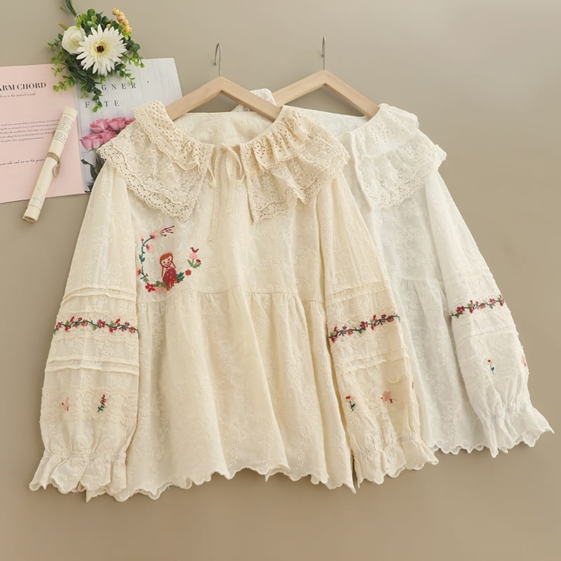 刺繍入りピコットレース襟バルーンスリーブブラウス W1138