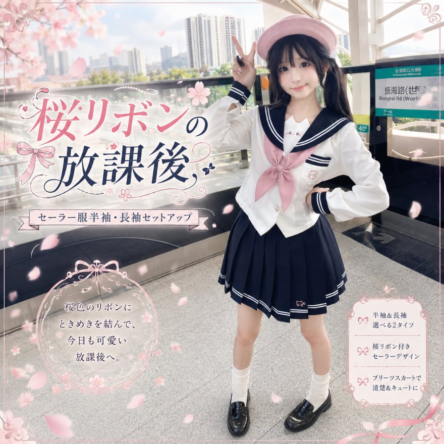 桜リボンの放課後 セーラー風半袖・長袖セットアップ