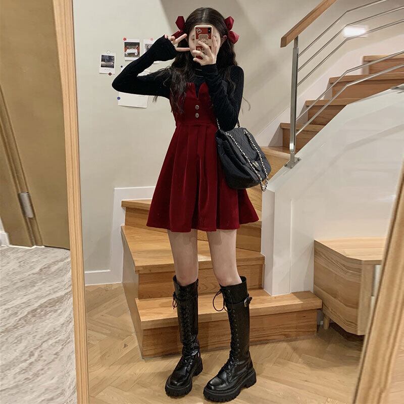 レッドドレス ウェストスプリングベルベットスカート スタイル 春物 萌量不足21047309408