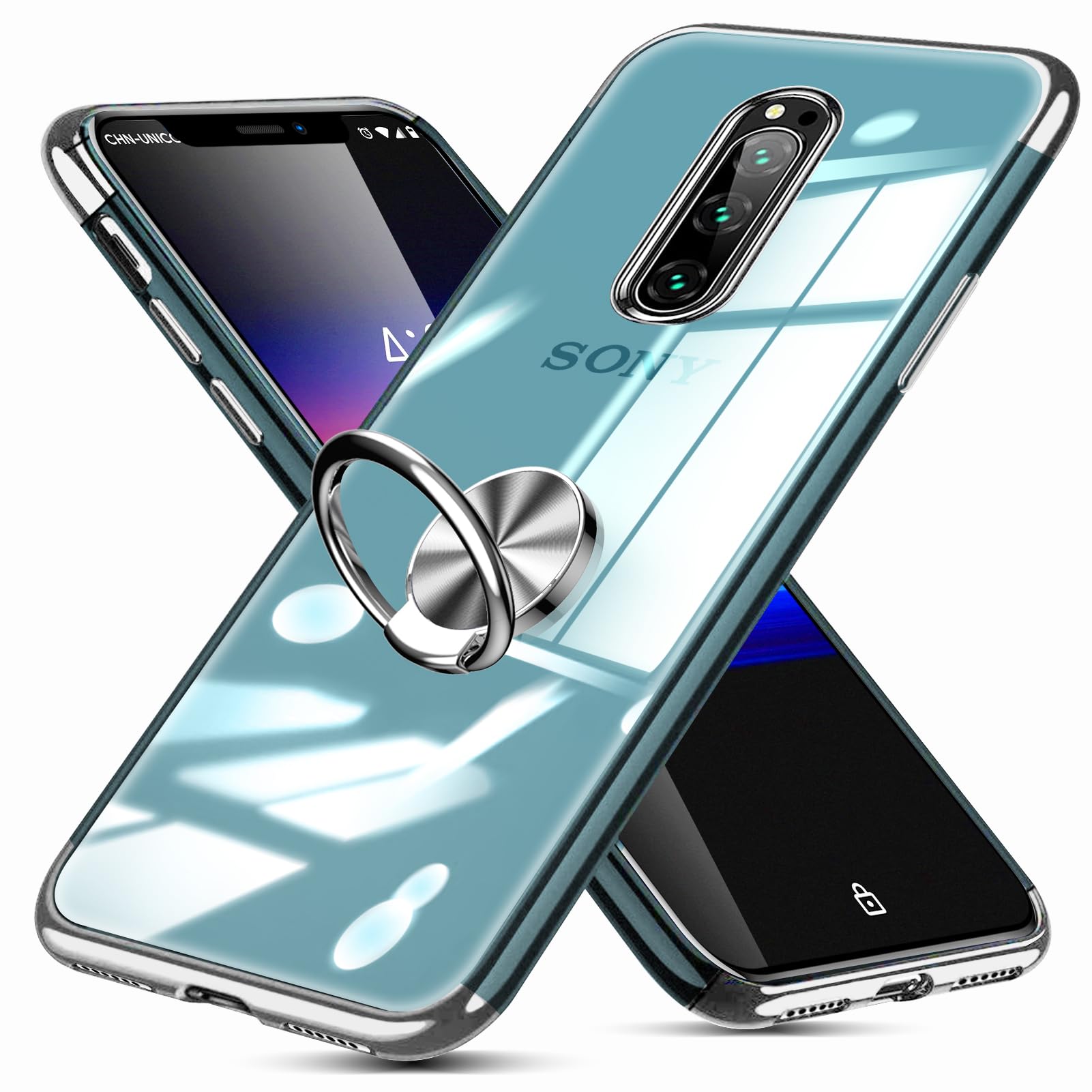 Mnunjiajia 対応 Xperia 1 用ケース リング付き クリア メッキ加工 耐衝撃 車載ホルダー シルバー