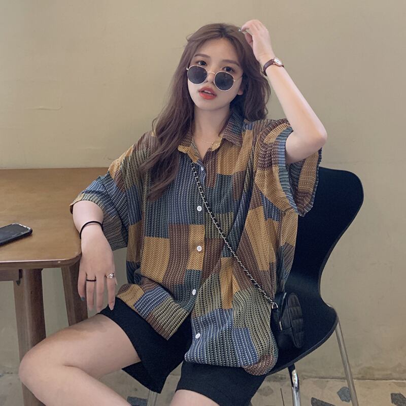 スタンダードスタイルシャツ サマーカジュアル薄手トップス レトロ 夏物 スーパーモール91433818294