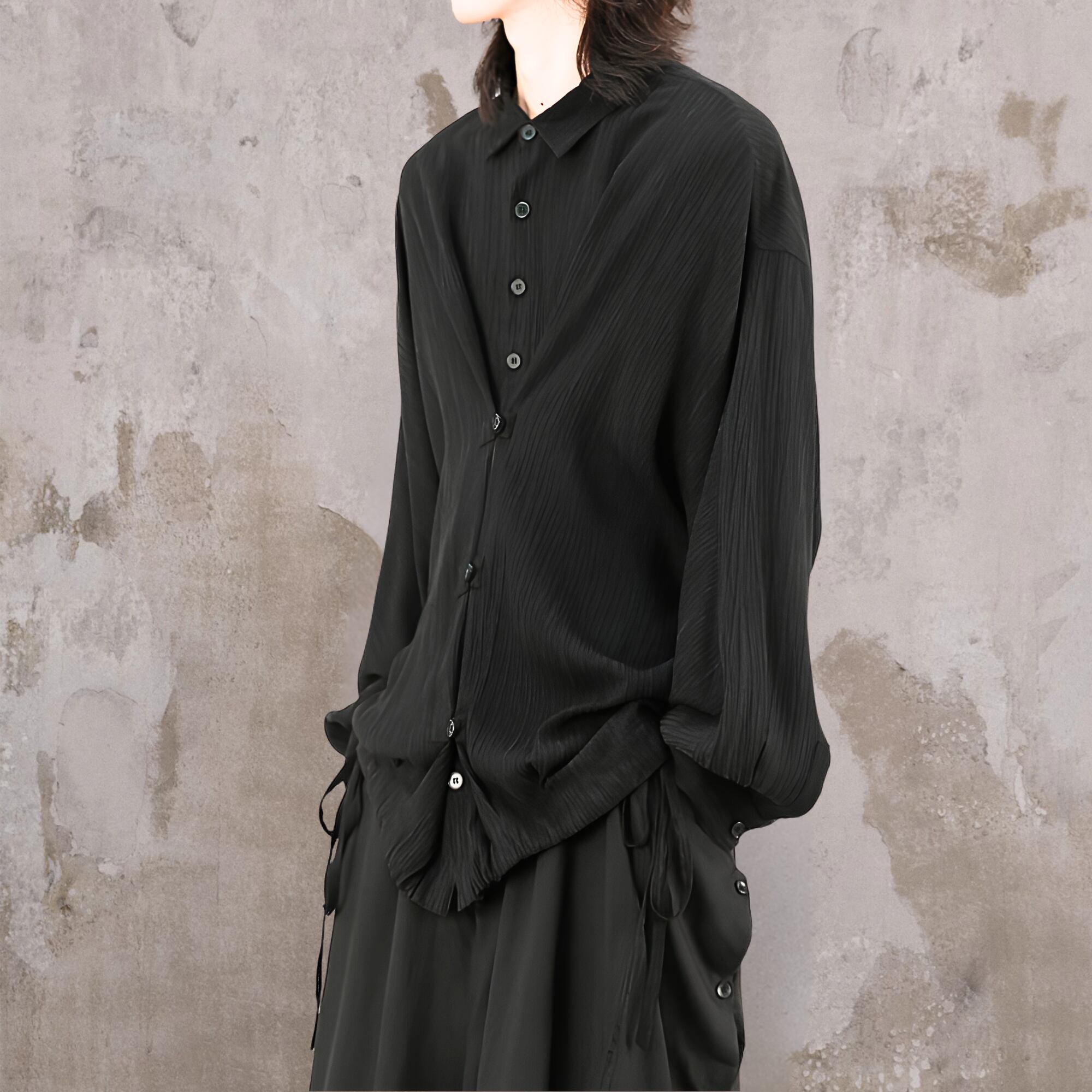 【ORV0074】Loose Lyocell Long-Sleeve Shirt, Draped Fit