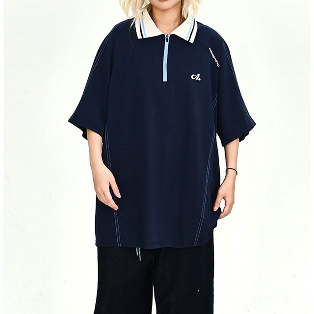 レトロスタイルハーフジップラインポロシャツ 2col   R02176