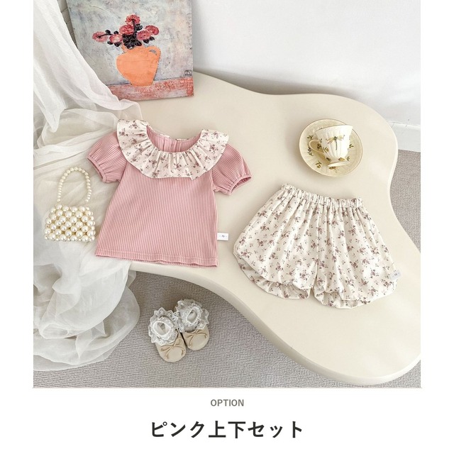 【セット】ピンク小花柄フリル襟半袖Tシャツショートパンツセットアップ - 2