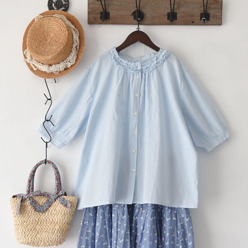 フリルネック刺繍入りボタンフロントブラウス 3col 1255