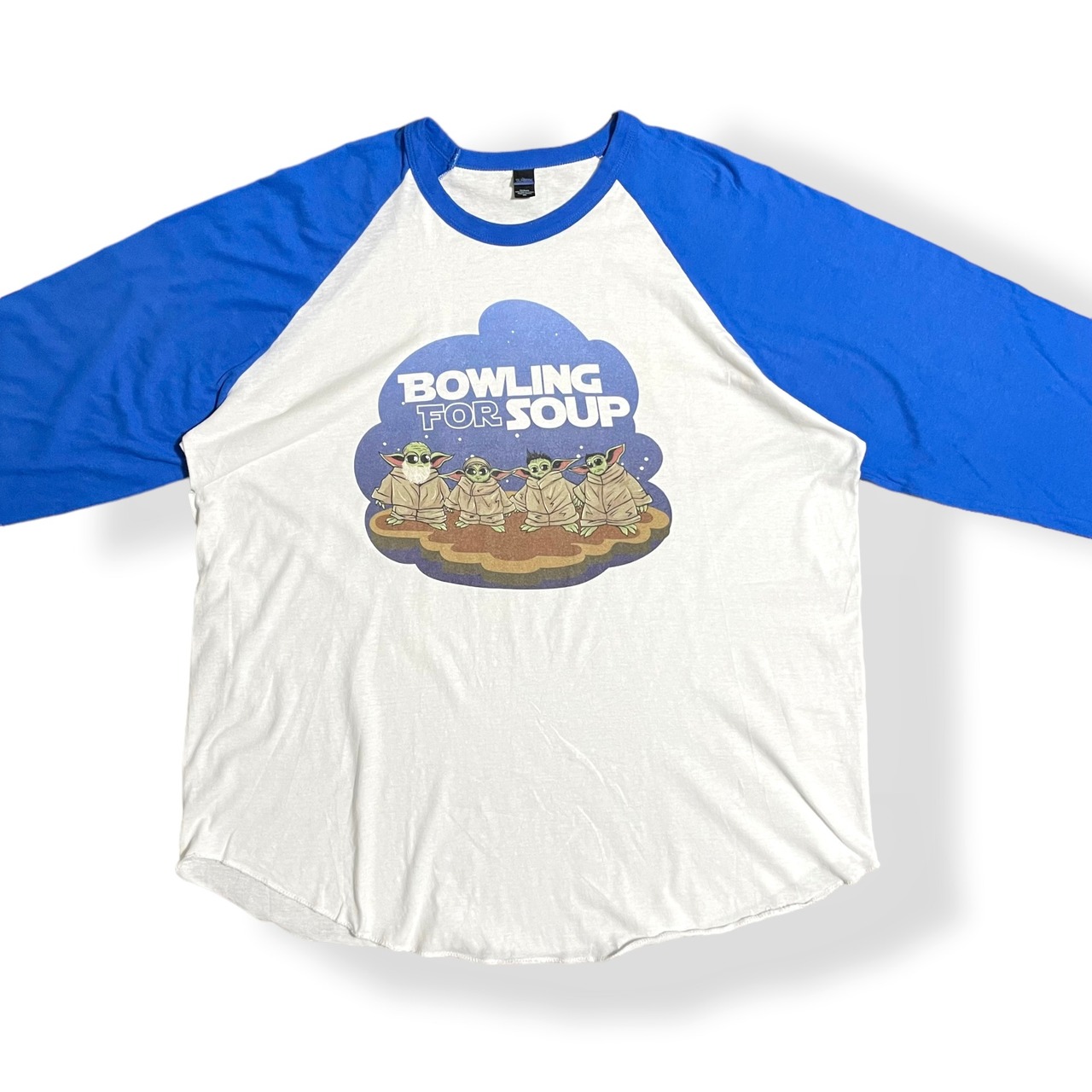 【TULTEX】メキシコ製 Bowling for Soup ボウリング・フォー・スープ  バンドTシャツ 七分袖 ロゴ プリント XXL ビッグサイズ オーバーサイズ ラグラン ラウンドカット ロンt バンt ロックt ベースボールTシャツ パンク ブルー US古着