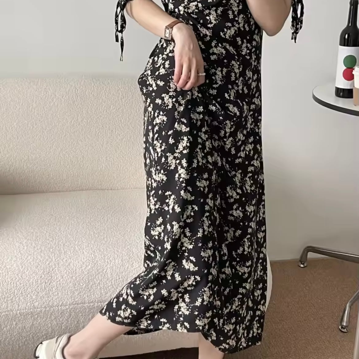 ギャザースリーブフラワーワンピース