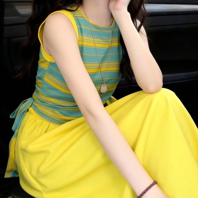 green yellow multi stripe two piece<ss3102>