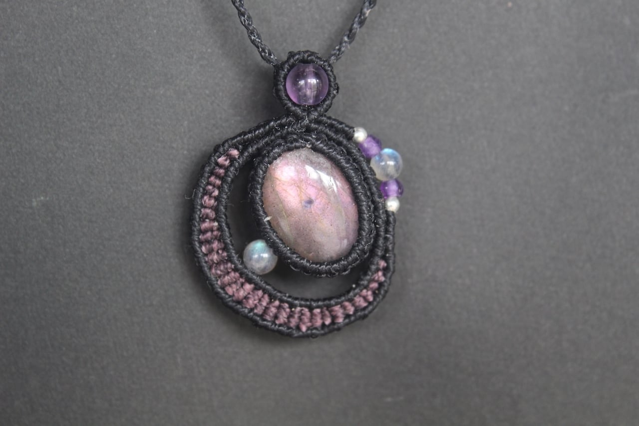 Purple Labradorite micro macrame moon pendant