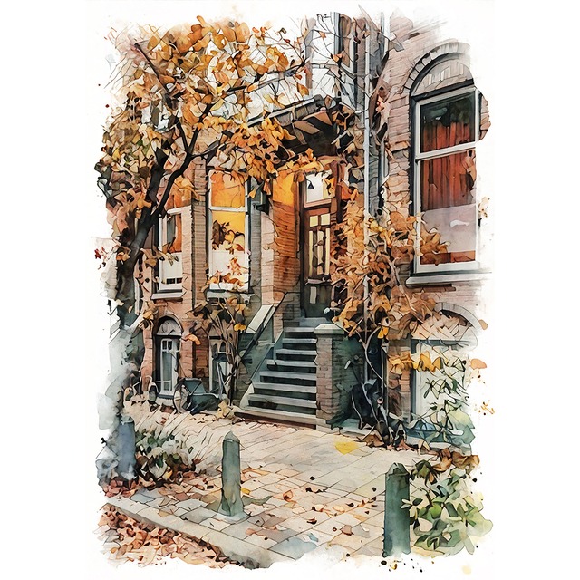 絵画 オランダ 風景画(街並み) 秋 紅葉のユトレヒト インテリアアート額付き 水彩画・油絵調 WAT0310