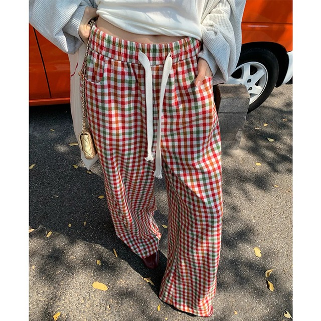 レッド×グリーンチェックウールブレンドワイドパンツ［S-L］