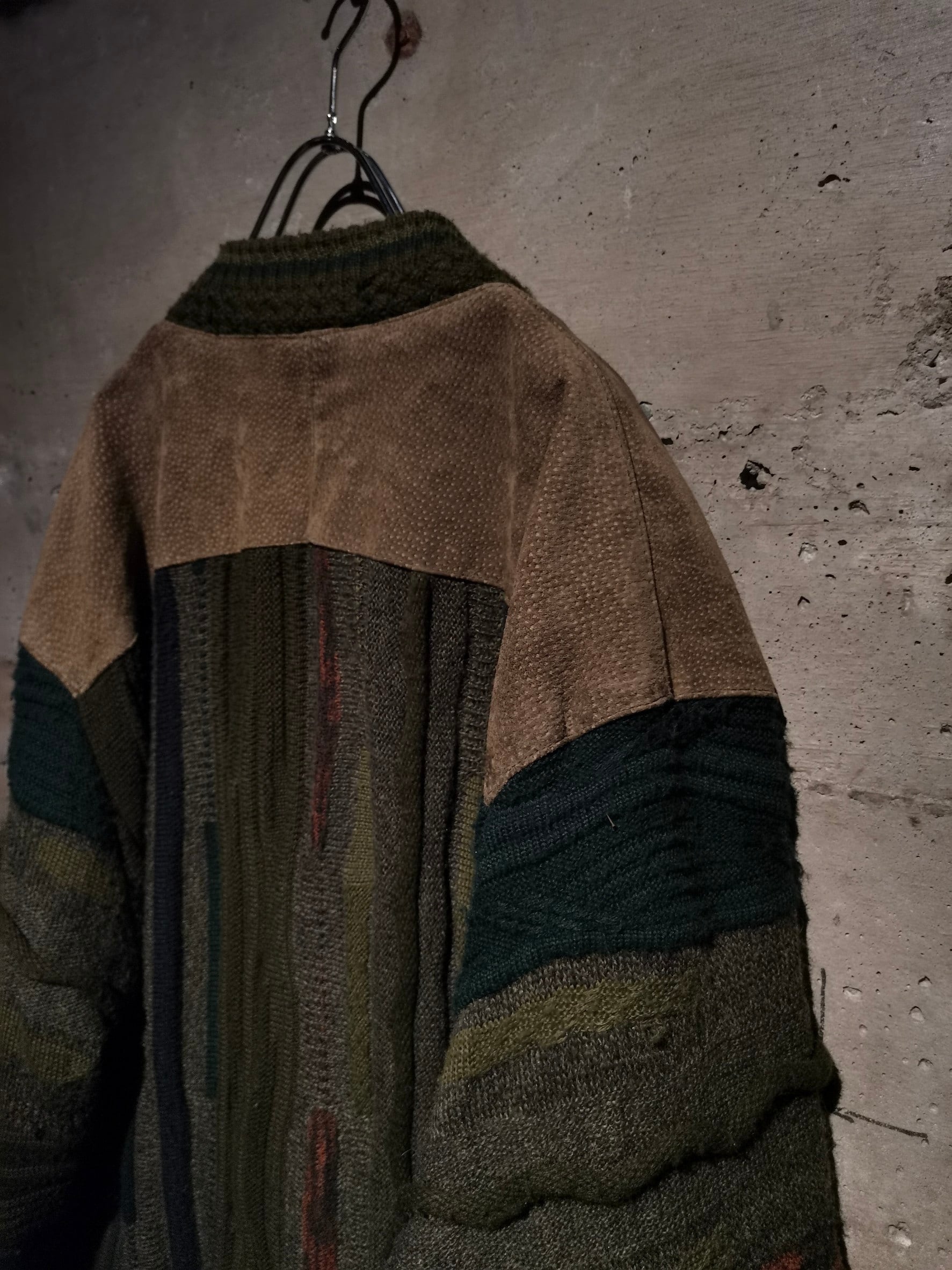 Caka】Suede Leather Switching Vintage Loose 3D Knit Cardigan 