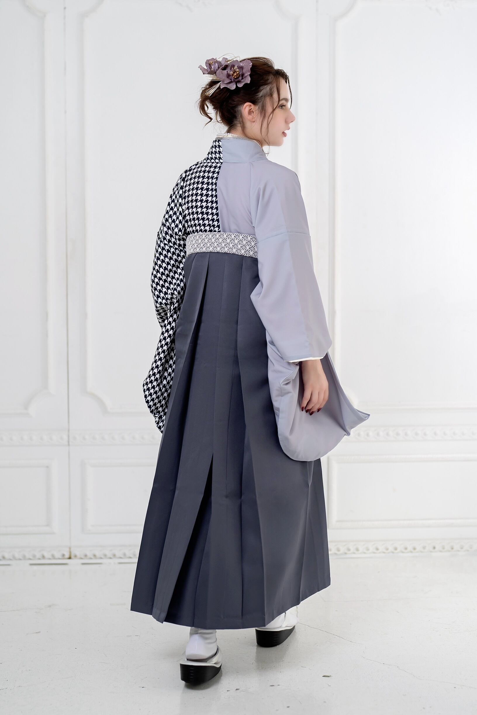 Kimono Sienne 卒業式袴3点セット 白 黒 グレー モノトーン 千鳥格子