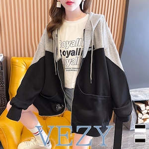 ジップアップパーカーレディーススウェット フード付きトレーナー長袖 ゆったり 韓国 薄手フーデッド 体型カバートップス おしゃれバイカラーパーカー ストリート春秋 パーカー トレーナー ベジー VEZY ItemNo.【18802327 】