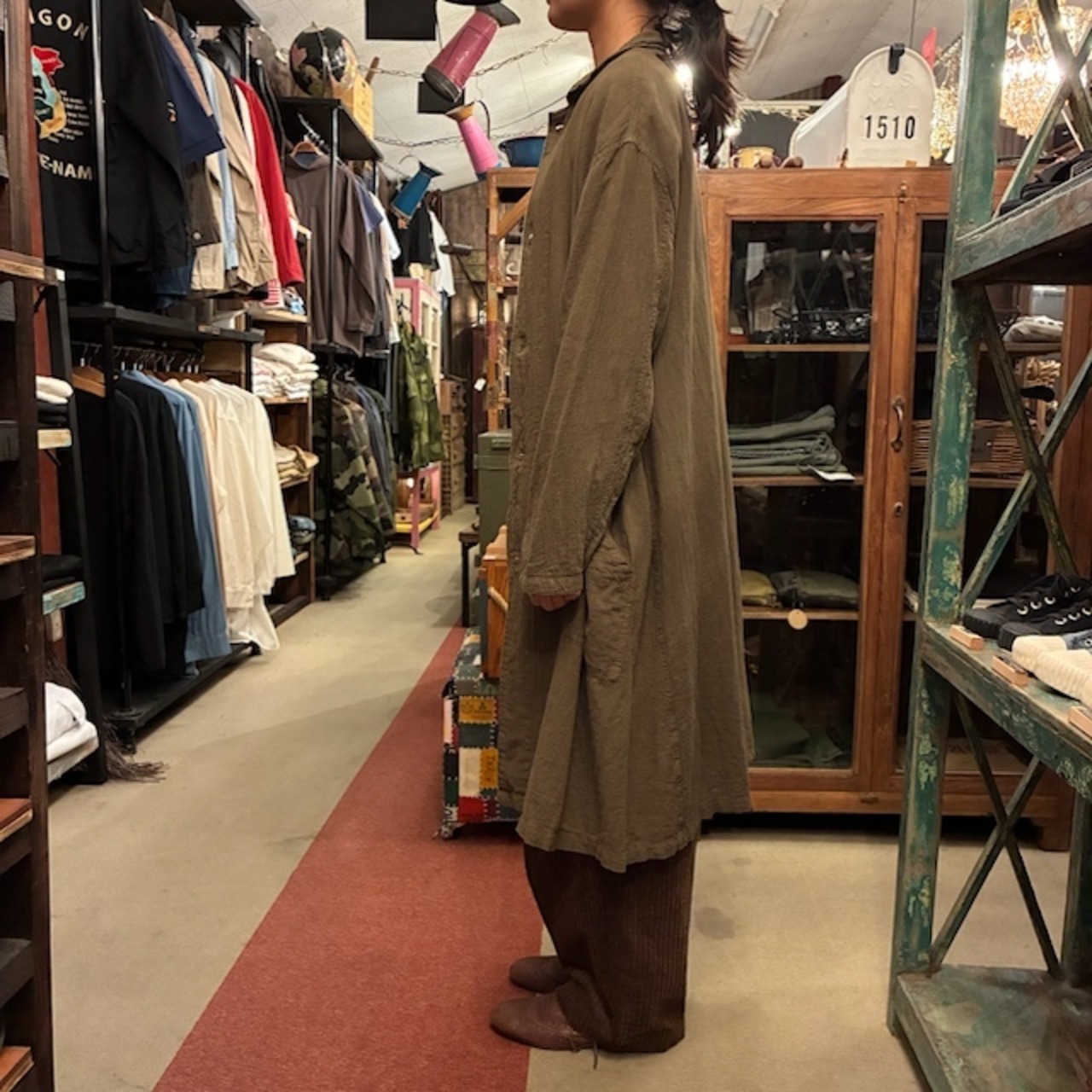 France type Linen work coat　フランスタイプ　リネンワークコート　ブラウン　リネン　ロングコート　ロングジャケット　ユニセックス　軍物　フランス軍　ミリタリー　後染め　リネンコットン