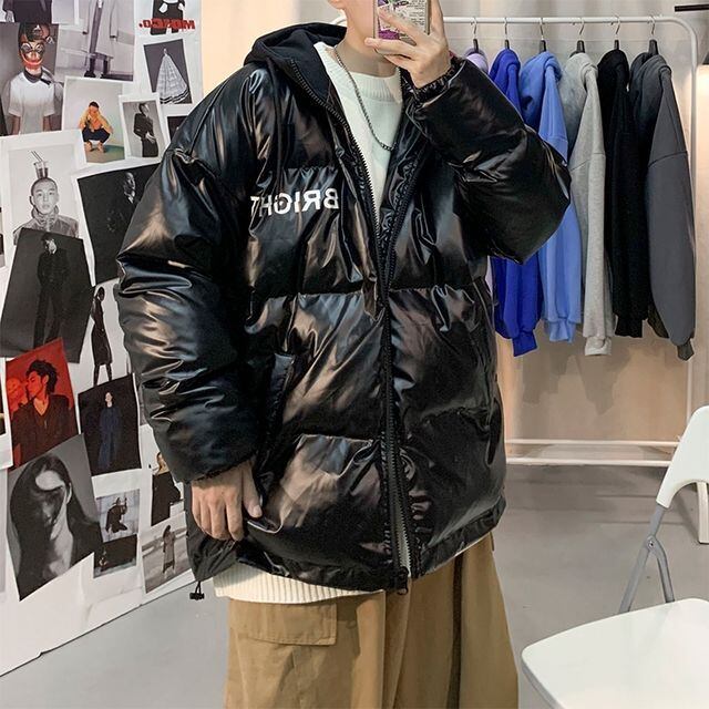 【予約販売】ダウンジャケット アウター 光沢 ロゴ ストリート ショート丈 ブラック グレー メンズ 防寒 お洒落 カジュアル 秋冬 大きいサイズ M/L/XL/2XL