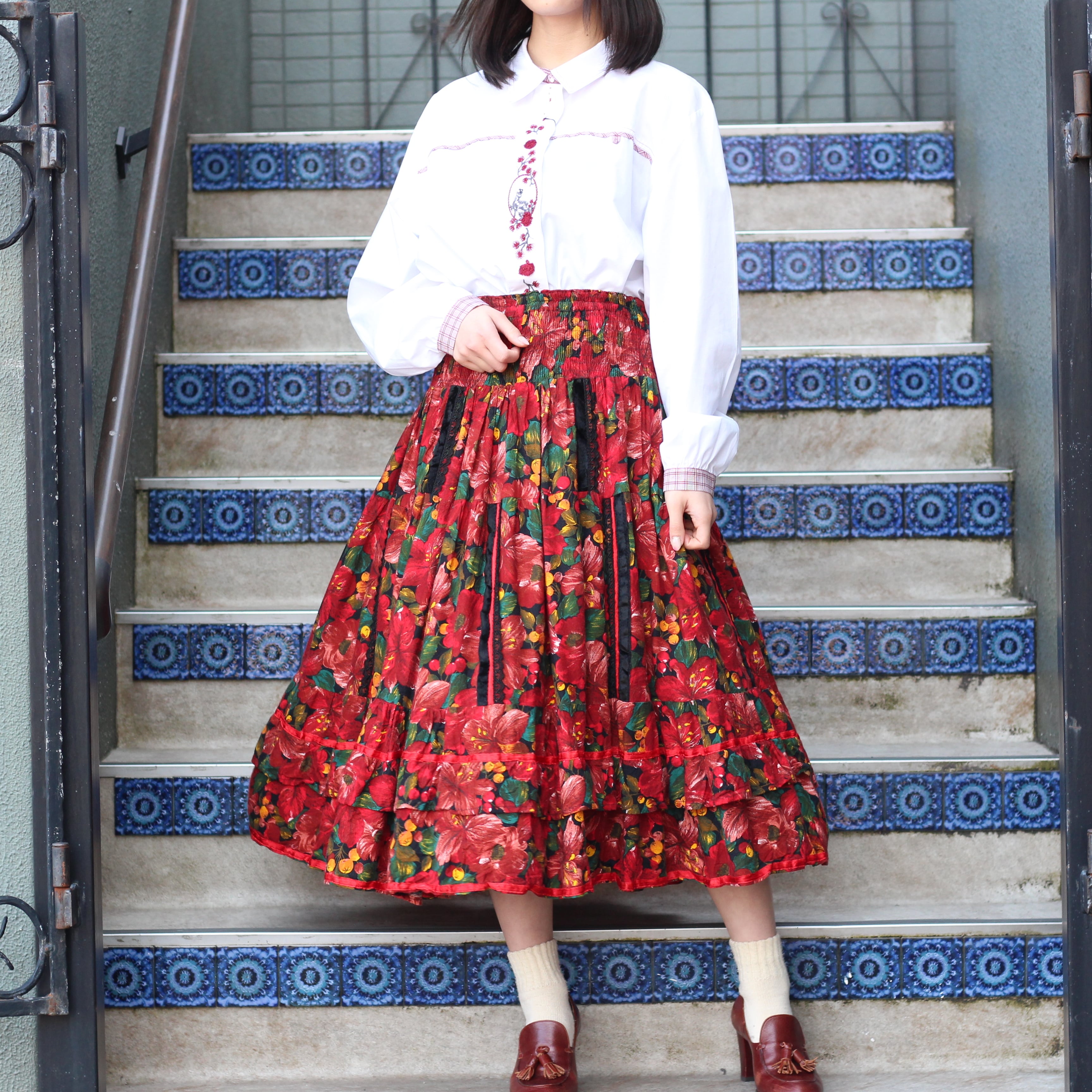 EU VINTAGE FLOWER PATTERNED FRILL DESIGN LONG SKIRT