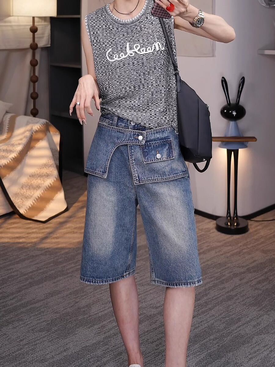 デニムウエストベルトポケット風ハーフパンツ 膝上 ハーフパンツ