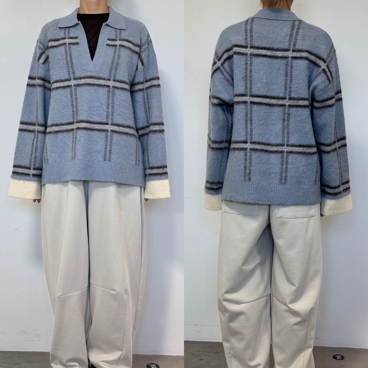 チェック柄スキッパーモヘアタッチknit/ペールブルー